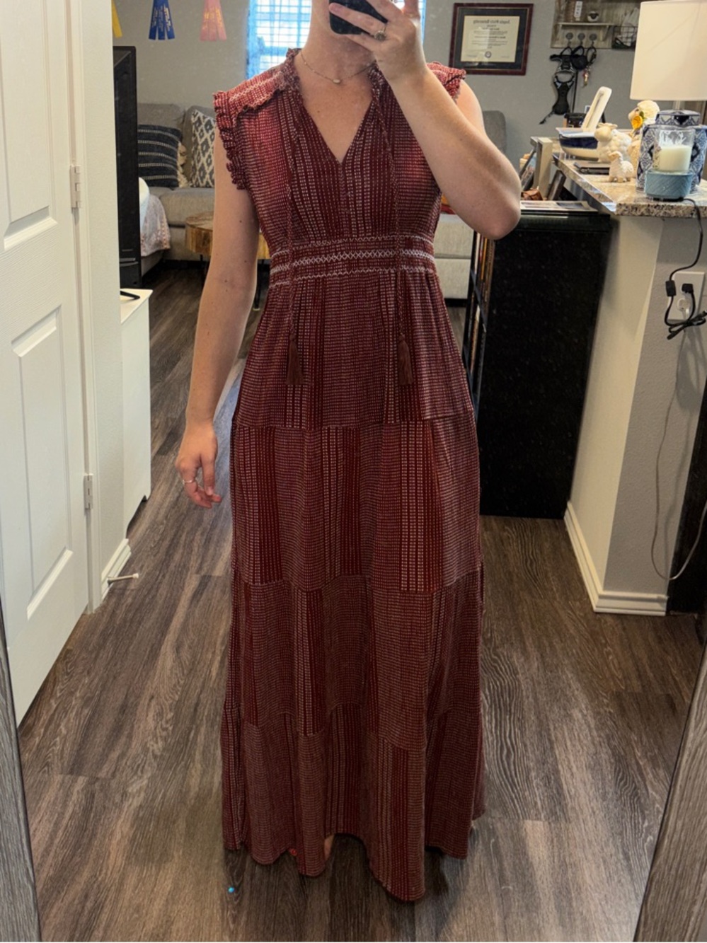 Women's Ariat Burgundy Tiered Maxi Dress with V-Neck AND POCKETS!!